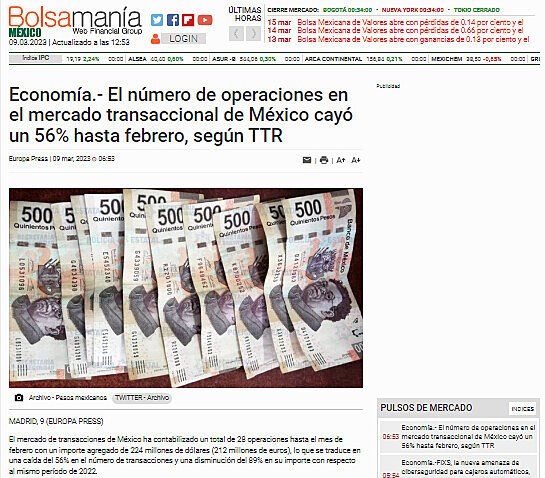Economa.- El nmero de operaciones en el mercado transaccional de Mxico cay un 56% hasta febrero, segn TTR